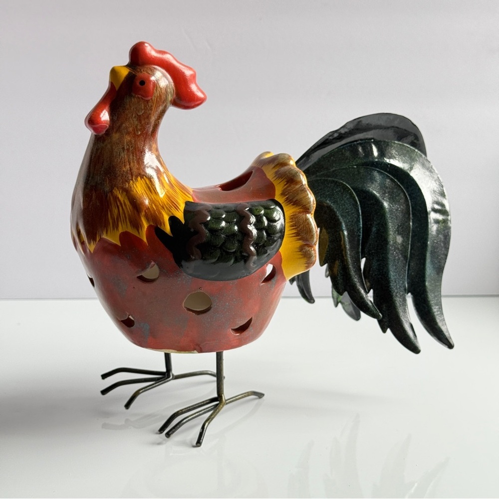 Vintage Ceramic Rooster Luminary Candle Holder Decor Colorful